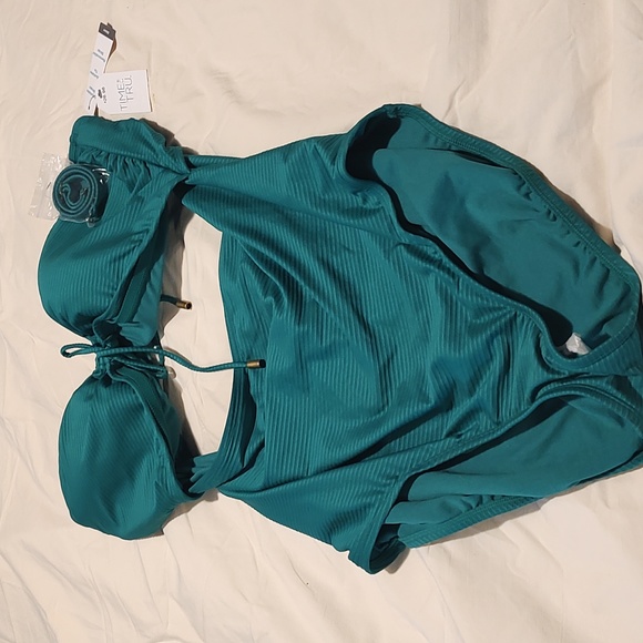Time and Tru Green Ribbed Open Attached Top and Bottom Swimsuit - Picture 1 of 7